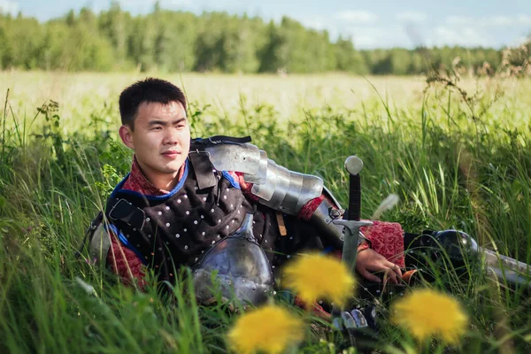 Zırhlı Bir Ortaçağ Asyalı Savaşçısı Uzun Otların Arasında Dinleniyor — Stok fotoğraf