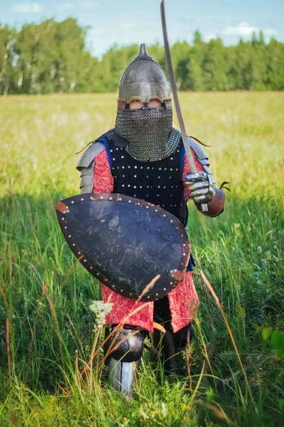 14世紀の鎧を着た遊牧民である中世の中央アジアの戦士は 盾と剣を手に森林に対するフィールドで守備または攻撃の位置に立っています — ストック写真