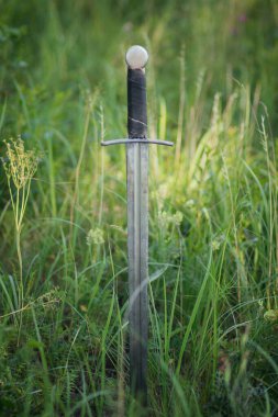 Knight's sword pierced to the ground. In the high yellow-green grass. The battlefield, after the battle. Crusade, medieval weapons. A bright sunny day in the steppe. clipart