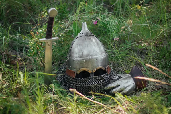 Helmet Sword Glove Mongolian Warrior Lie Ground Tall Green Grass — Stock Photo, Image