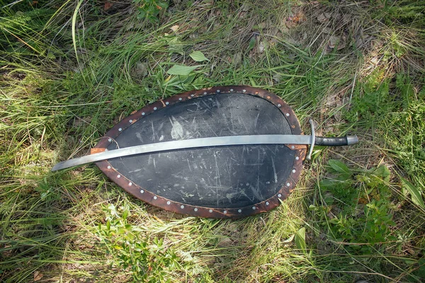 蒙古士兵的刀剑和盾牌躺在青草丛中 在战斗后被带走了游牧 草原士兵的中世纪武器 — 图库照片