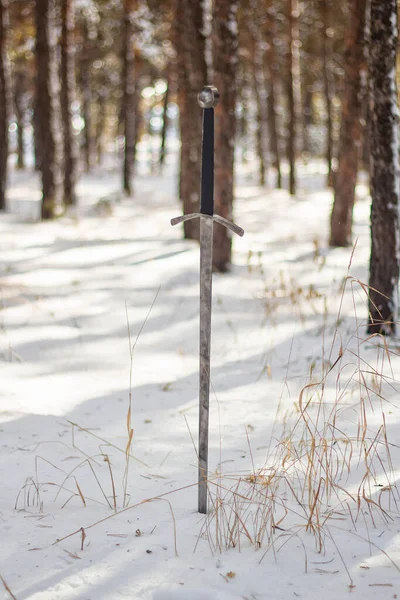 Knight\'s long sword in the snow against the background of a pine winter forest