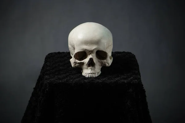 Crânio Deitado Altar Escuro Sobre Fundo Preto — Fotografia de Stock
