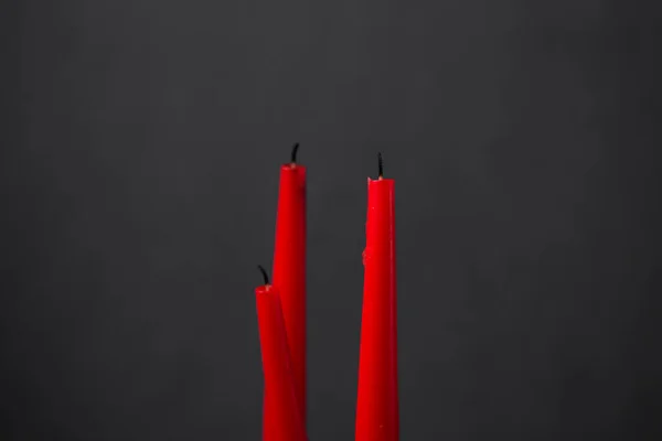 Three Lit Candles Close Black Background — Stock Photo, Image