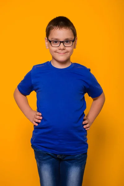 一个戴眼镜的小男孩和一件蓝色T恤站在黄色背景上的画像 — 图库照片