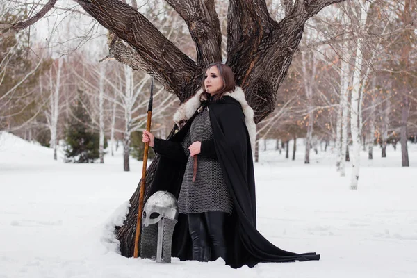 Woman Medieval Warrior Viking Age Winter Forest Dressed Chainmail Cloak — Stock Photo, Image