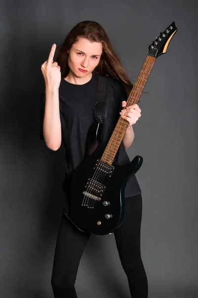 Angry Rock Girl Black Clothes Holds Electric Guitar Her Hands — Foto Stock