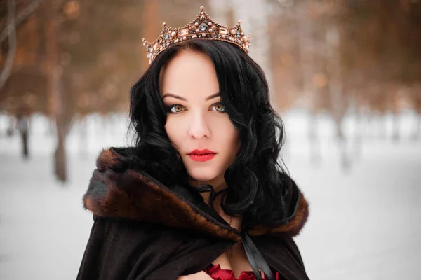 Portrait Beautiful Young Woman Raincoat Fur Hood Crown Her Head — Stock Photo, Image