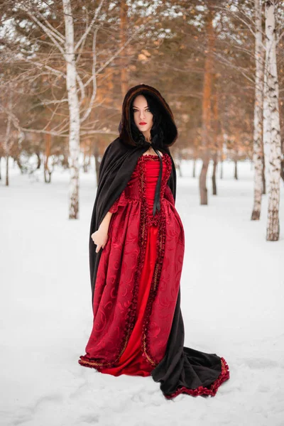 Una Hermosa Mujer Joven Con Vestido Rojo Era Rococó Una — Foto de Stock