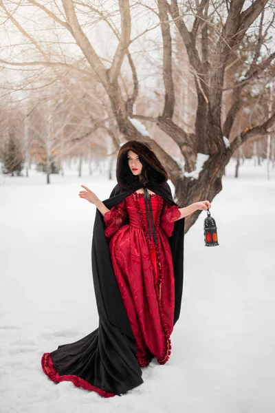 Atrakcyjna Młoda Kobieta Czerwonej Sukience Rokokowej Płaszczu Przeciwdeszczowym Futrzanym Kapturem — Zdjęcie stockowe