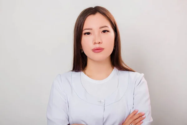 Portrait Girl White Coat Standing White Background — Stock Photo, Image