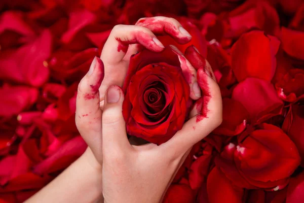 Arte Conceitual Mãos Femininas Ensanguentadas Segurando Uma Flor Rosa Vermelha — Fotografia de Stock