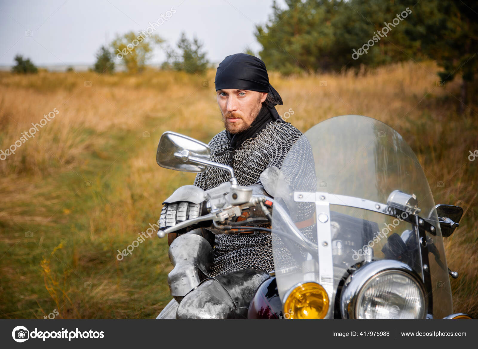 Man Medieval Knight's Armor Bandana His Head Sits Motorcycle - Main Image