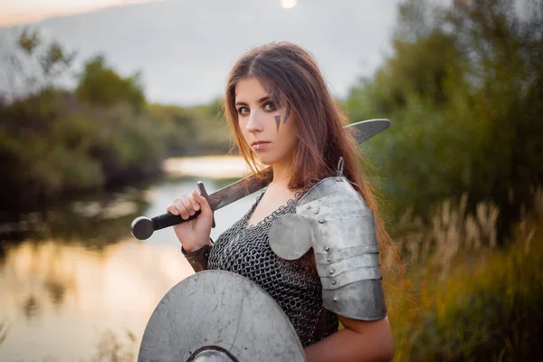 Portrait Medieval Woman Warrior Chain Mail Sword Shield Her Hands — Stock Photo, Image