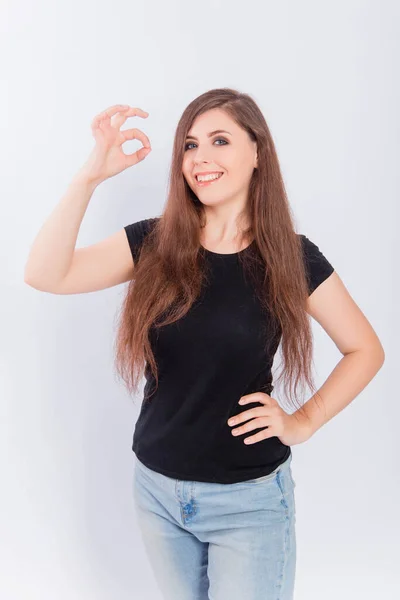 Portrait Pretty Woman Black Shirt Showing Okay Gesture Isolated White — Stock Photo, Image