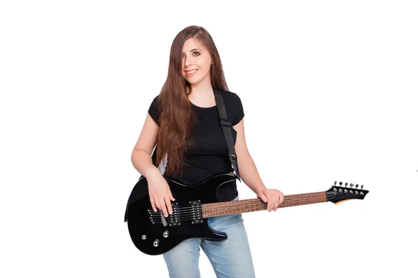 Young Woman Black Shirt Blue Jeans Electric Guitar Belt Isolated — Stock Photo, Image