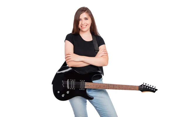 Giovane Donna Shirt Nera Jeans Blu Con Chitarra Elettrica Una — Foto Stock