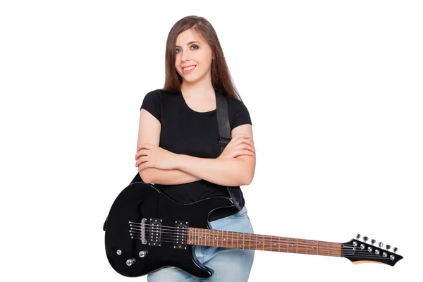Junge Frau Schwarzem Shirt Und Blauer Jeans Mit Gitarre Gürtel — Stockfoto
