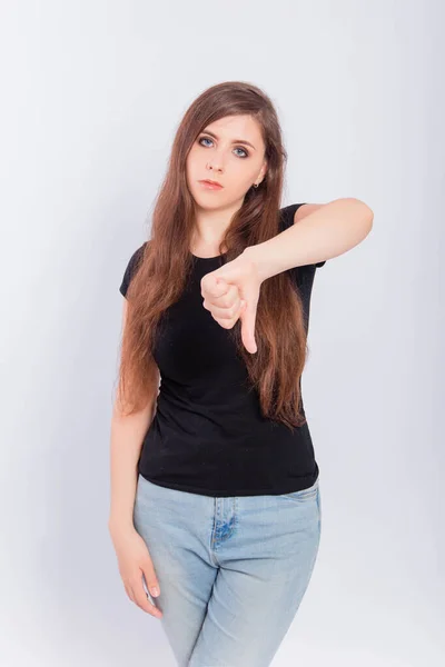 Young Woman Black Shirt Showing Thumb Gesture Isolated White Background — Stock Photo, Image