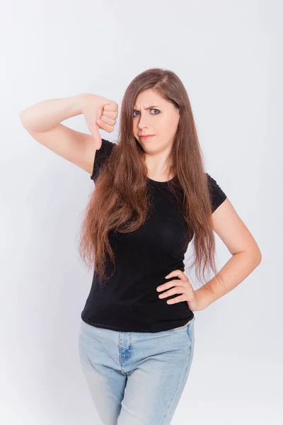 Young Woman Black Shirt Showing Thumb Gesture Isolated White Background — Stock Photo, Image