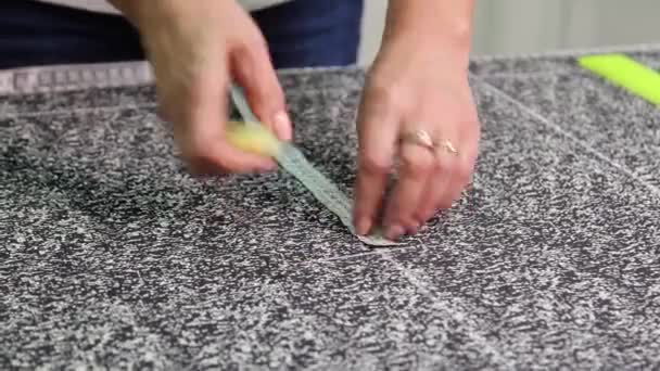 Close Hands Seamstress Make Drawing Fabric Using Ruler Centimeter Bar — Stock Video