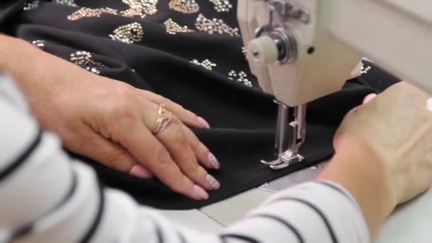 Sewing Process Industrial Electric Sewing Machine Seamstress Work Sews Clothes — Stock Video