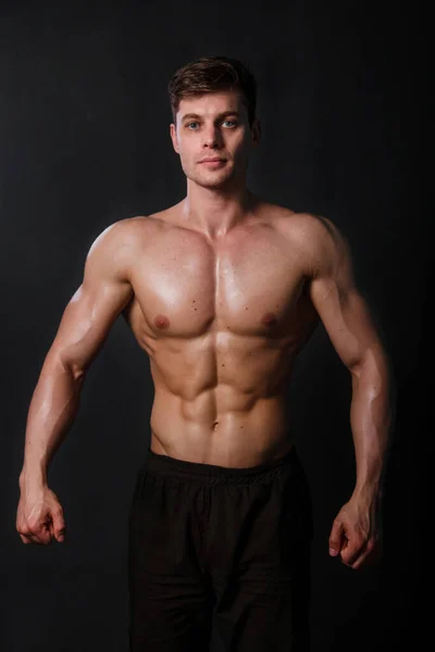 Muscular Bodybuilder Posing Naked Torso Black Background Sexy Man — Stock Photo, Image