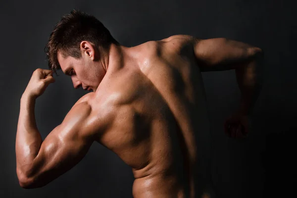 Muscular Bodybuilder Man Posing Black Background View Back — Stock Photo, Image