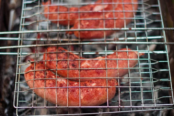 Korv Grillen Grillas Kolen Det Fria — Stockfoto