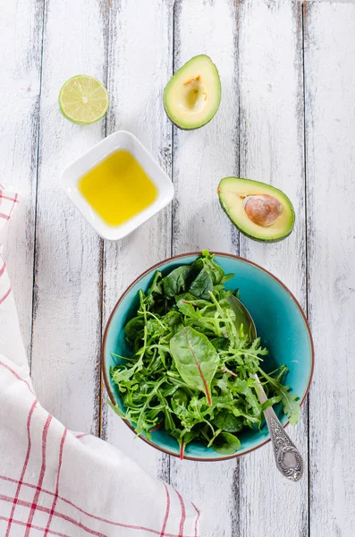 Simple Fresh Salad Ingredients White Wooden Backround — Stock Photo, Image