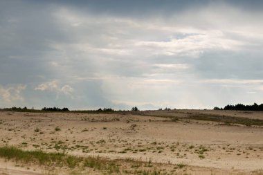 Bozkır manzara, arka planda çalılar ve ağaçlar vardır. Bulutların içinde gökyüzü, bulutların içinden güneşin görünür ışınları