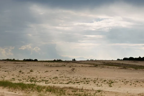 Bozkır manzara, arka planda çalılar ve ağaçlar vardır. Bulutların içinde gökyüzü, bulutların içinden güneşin görünür ışınları