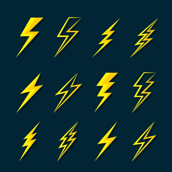 Vector Thunder Lightning Flat Icons Set Dark Blue Background Easy — Stock Vector