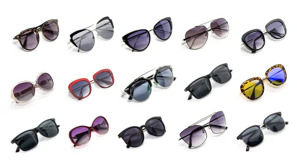 Gruppe von schönen Sonnenbrillen isoliert auf weißem Hintergrund. Kosten — Stockfoto