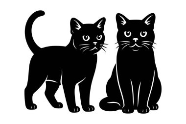 Gösterişli, siyah Bombay kedisinin vektörü iki pozda gösterilir: ayakta ve oturarak. Bu vektör, ırkın çarpıcı, parlak siyah ceketini ve büyüleyici altın gözlerini gösteriyor. evcil.