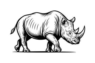 Güçlü, güçlü gergedanların taşıyıcısı kararlı adımlarla yürüyor. Detaylı vektör onun kalın, buruşuk derisini ve etkileyici boynuzunu yakalar ve görkemli varlığını gözler önüne serer. Hayvanlar.