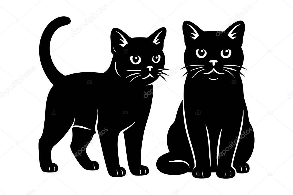 Vector of a sleek, black Bombay cat is shown in two poses: standing and sitting. This vector illustrates the breed's striking, glossy black coat and captivating golden eyes. pet.