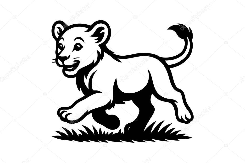 Vector of playful lion cub runs happily through a grassy field. This lively vector captures the energetic and endearing spirit of the young king of the jungle.