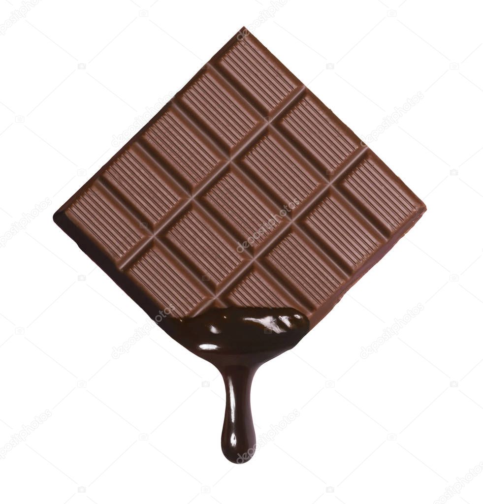 Dark chocolate bar and melted brewing drop on white background.