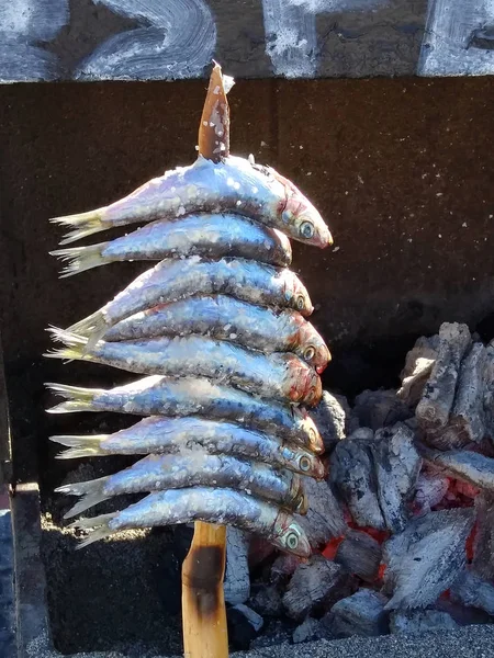 Ψητά Ψάρια Αλάτι Άνθρακα Ξύλινο Ραβδί — Φωτογραφία Αρχείου