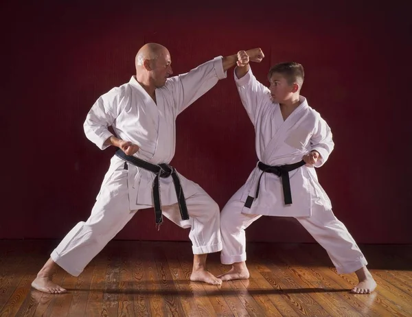 Istruttore Karate Che Insegna Arti Marziali Bambino — Foto Stock