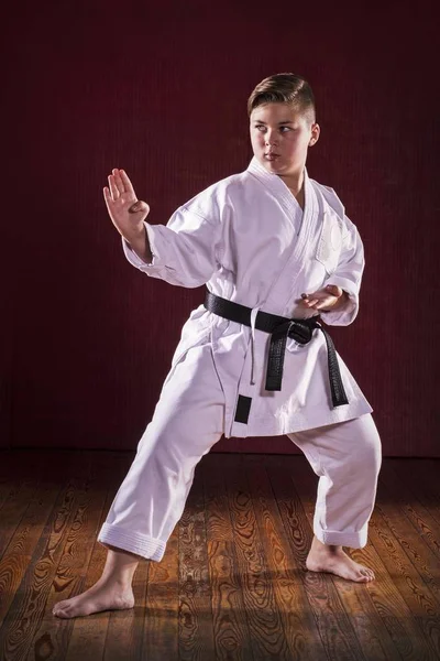 Zwarte Band Karate Martial Arts Tentoonstelling Kid — Stockfoto