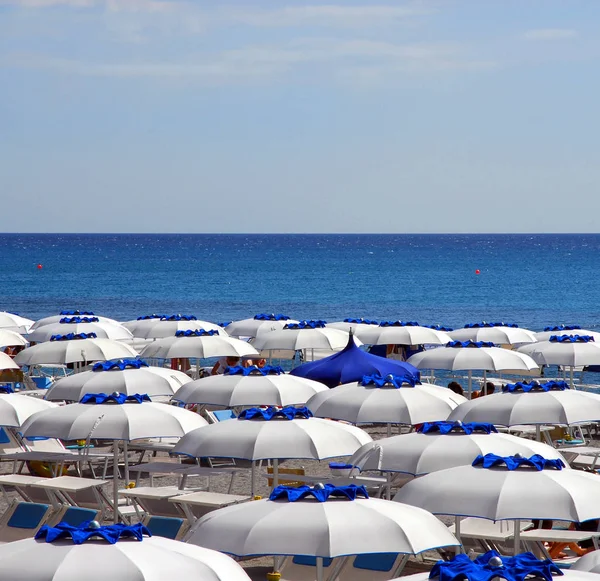 Parapluies Plage Publique Sur Plage Mer — Photo