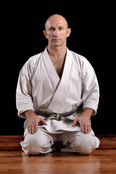 Martial Arts Karate Master Training Black Background — Stock Photo, Image