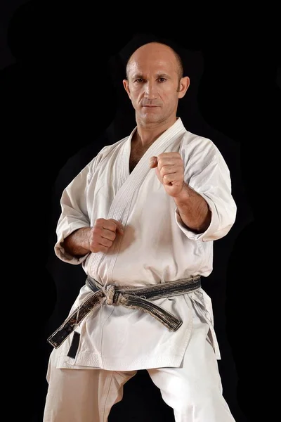 Martial Arts Karate Master Training Black Background — Stock Photo, Image