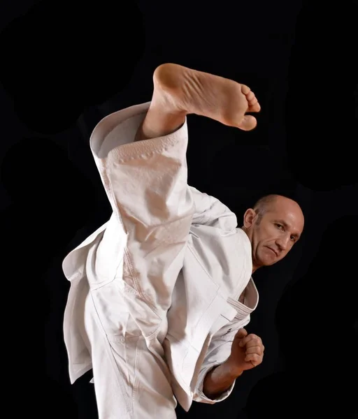 Martial Arts Karate Master Training Black Background — Stock Photo, Image