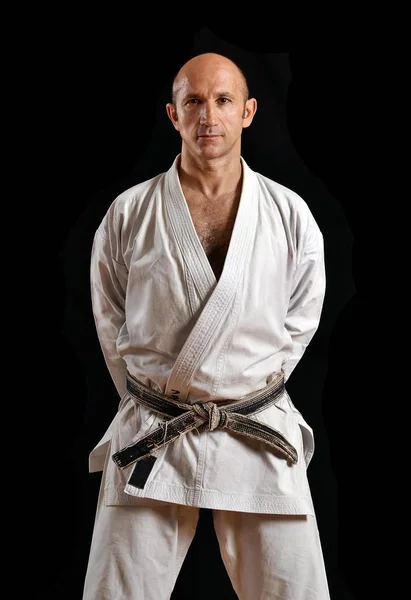 Karate Shotokan Master Holding His Black Belt — Stock Photo, Image