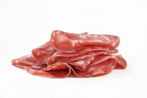 Salame Affettato Fondo Bianco Salumi Freschi Prosciutto Affettato Fondo Bianco — Foto Stock