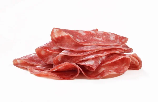 Salami Rodajas Sobre Fondo Blanco Salami Fresco Jamón Salami Rodajas — Foto de Stock