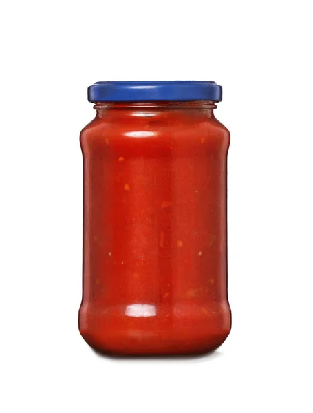 Puszka Sosem Pomidorowym Białym Tle — Zdjęcie stockowe